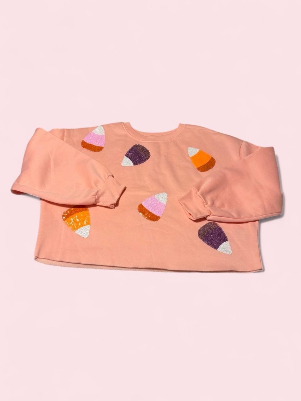 SHEIN Peach Crewneck Sweatshirt with Candy Corn Appliqués